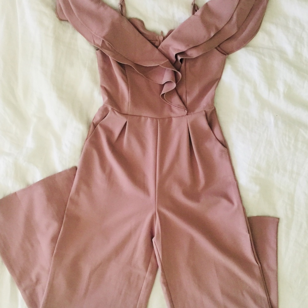 Mauve Ruffle Off The Shoulder Jumpsuit